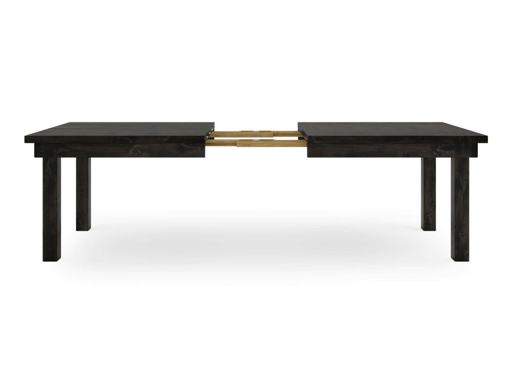 The Farmhouse Expandable Dining Table - Charred Ember by James+James is shown. It features a sturdy, dark wooden construction with legs that provide stability. The table is rectangular and includes a visible space in the middle where the extension mechanism can be seen, indicating its ability to be extended for additional seating capacity.