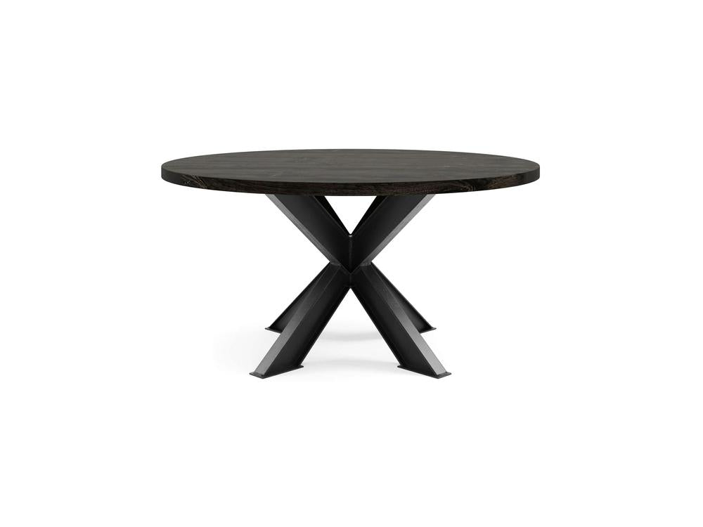 Introducing the Shiloh Round Dining Table - Charred Ember by James+James. This elegant piece features a dark wooden top and a distinctive black metal base with angular legs that intersect in an 'X' shape, blending modernity with timeless sophistication. Its minimalist design adds a contemporary and stylish touch to any dining area.
