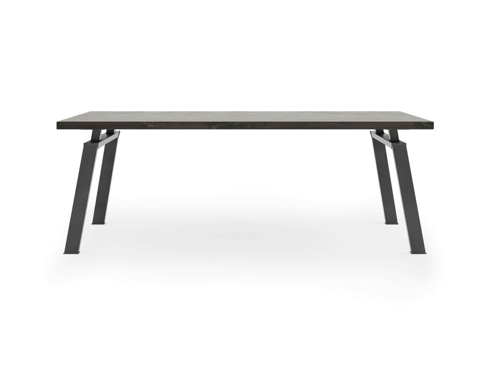 Front view of the Fulton Desk - Charred Ember by James+James, featuring a modern rectangular design with a flat, sleek, dark green marble top and minimalist black metal legs in an A-frame structure. The desk boasts clean lines and a contemporary look, making it suitable for both dining and working purposes.