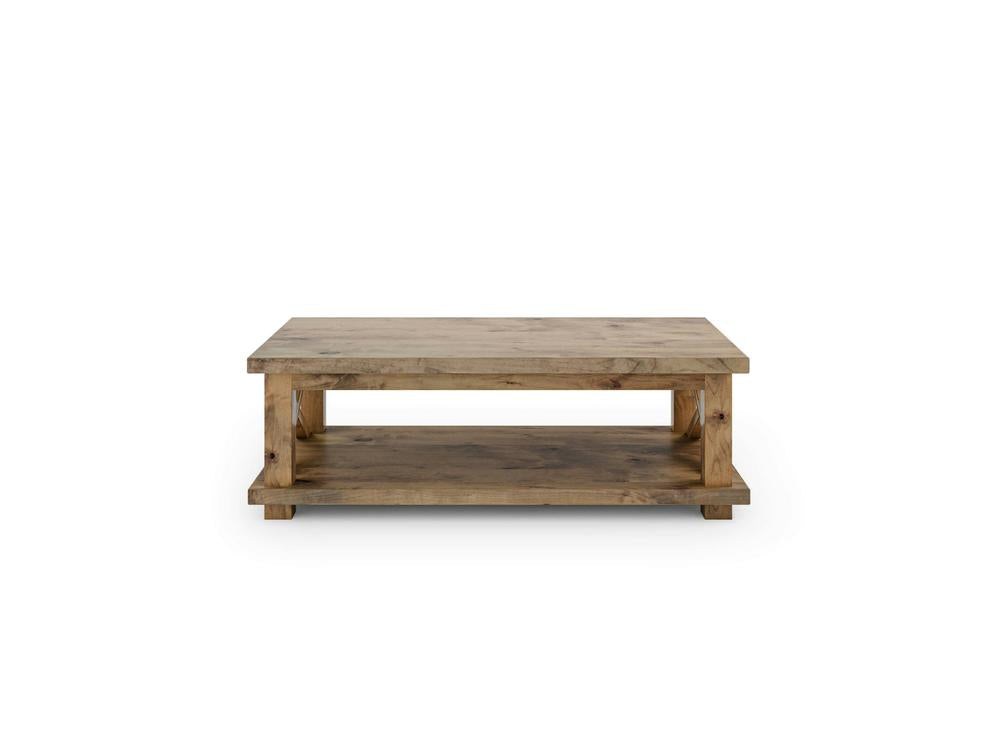 Introducing the Carter X Coffee Table by James+James. This rectangular wooden table boasts a Harvest Wheat finish, featuring a simple yet sturdy design with a flat top surface and an additional lower shelf for storage. Its minimalist appearance is perfect for any modern living space.
