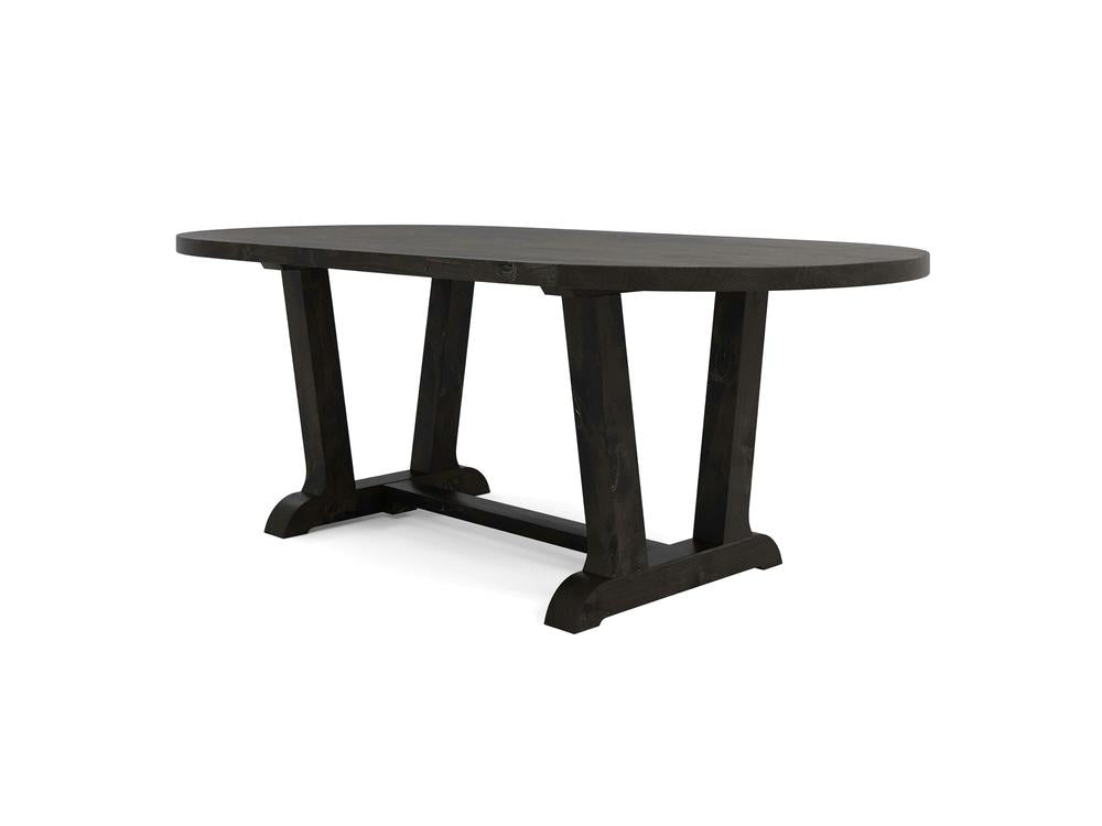 The Thaden Oval Dining Table - Charred Ember by James+James is a black wooden dining table featuring an oval-shaped top and a trestle base. The base includes two sturdy legs connected by a horizontal beam, ensuring stable support. With its rustic yet elegant design, this table complements various dining room decor styles seamlessly.