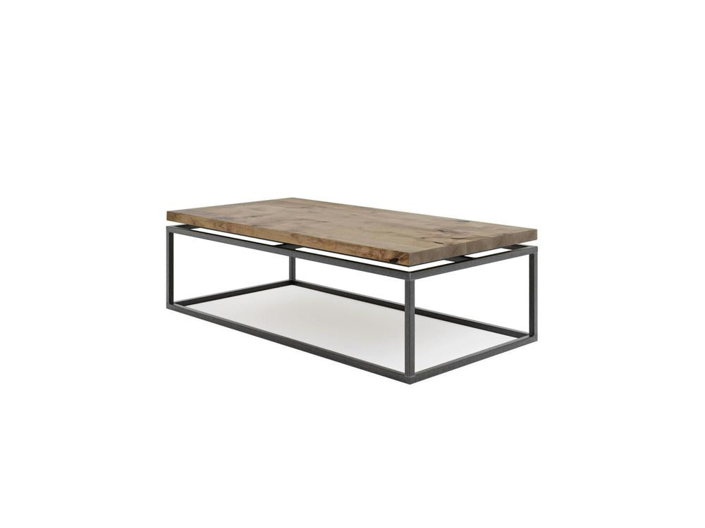 The Floating Top Coffee Table - Harvest Wheat by James+James features a modern, rectangular design with a thick wooden top in a natural finish and an open, minimalist metal frame base painted black. This sleek combination gives the table a contemporary appearance.