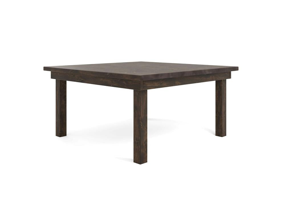 The Farmhouse Square Dining Table - Tobacco, by James+James, features a dark, rustic finish and stands on four sturdy legs. It boasts a simple, classic design and is crafted from solid wood, making it an excellent choice for any dining room or kitchen setting.