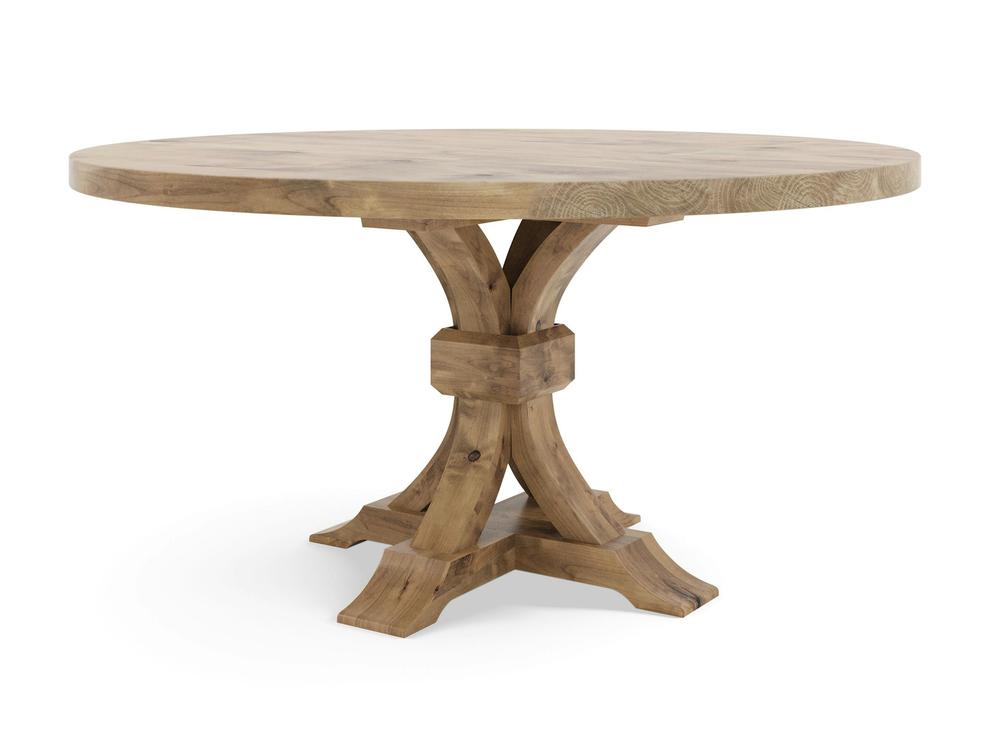 The Violet Round Dining Table in Harvest Wheat from James+James features a round wooden surface with a rustic finish. The table is supported by a pedestal base comprised of four gracefully curved, interlocking legs that meet at a central point. Its simple yet robust design bestows it with a classic and timeless appeal.