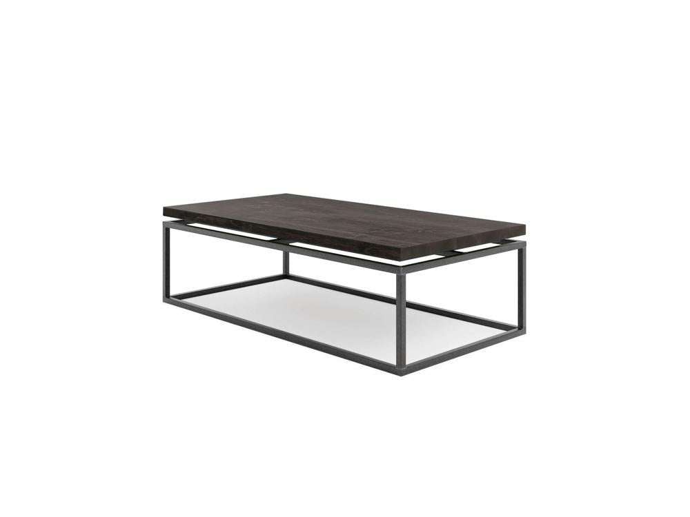 Introducing the Floating Top Coffee Table - Charred Ember by James+James: a modern rectangular coffee table that boasts a black wooden top and a minimalist black metal frame. The design highlights clean lines and an open lower space, culminating in a sleek, contemporary aesthetic. The tabletop appears to float gracefully above the sturdy metal base.