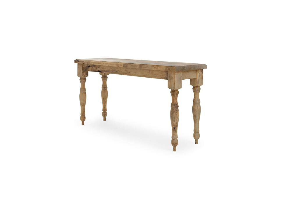 The Abigail Sofa Table - Harvest Wheat by James+James is a wooden, rustic console table featuring a rectangular top and four turned legs. Its simple design showcases a natural wood finish that beautifully highlights the grain and texture, giving it a sturdy appearance. Elevated off the ground, this table is suitable for various interior spaces.
