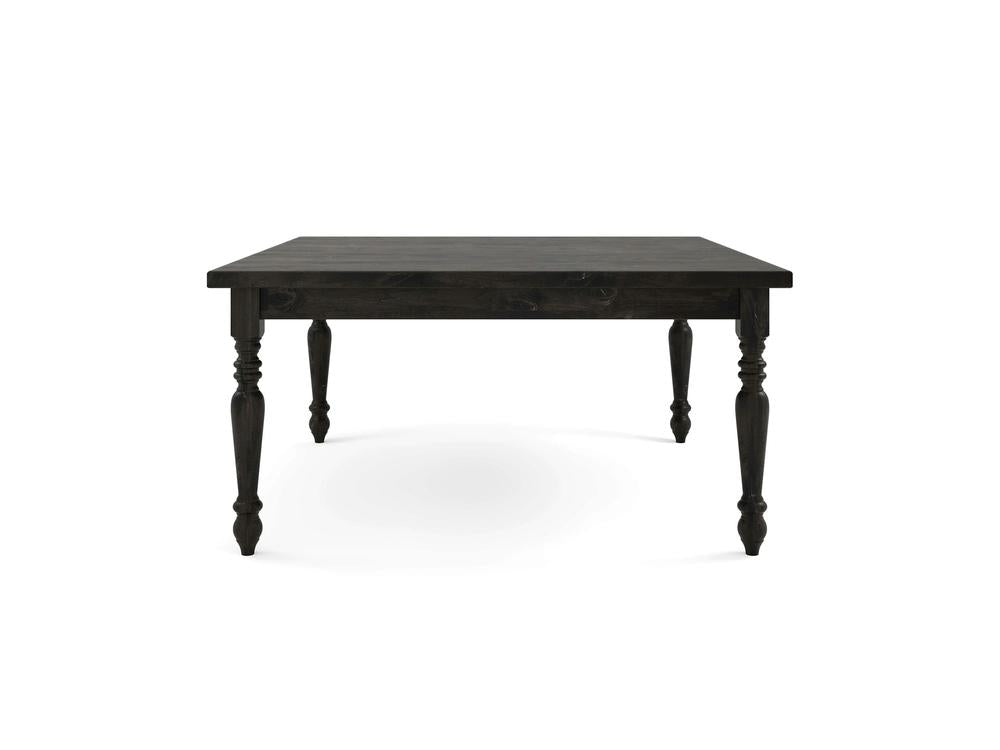 Introducing the French Country Square Dining Table - Charred Ember by James+James. This table features a dark, square wooden top and four intricately carved legs, showcasing a simple yet elegant design that highlights the detailed craftsmanship. Set against a white background, the dark color and exquisite details of this table are truly accentuated.