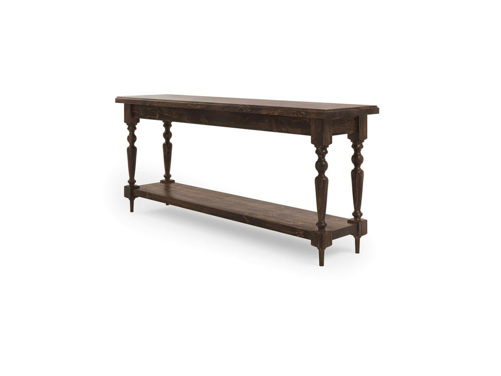 Introducing the Ella Sofa Table – Tobacco by James+James. This rectangular wooden console table boasts a rich, dark finish and features four intricately carved legs. It includes a lower shelf, perfect for additional storage or display, all while maintaining a slim and elegant profile.
