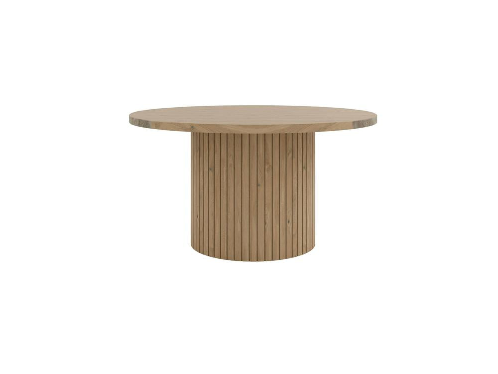 The Arthur Dining Table - Satin by James+James features a vertical panel made of light wood, showcasing a natural grain texture and evenly spaced vertical grooves. The bottom edge of the panel is curved, lending a rounded appearance. The panels are uniformly wide, presenting a clean and modern aesthetic.
