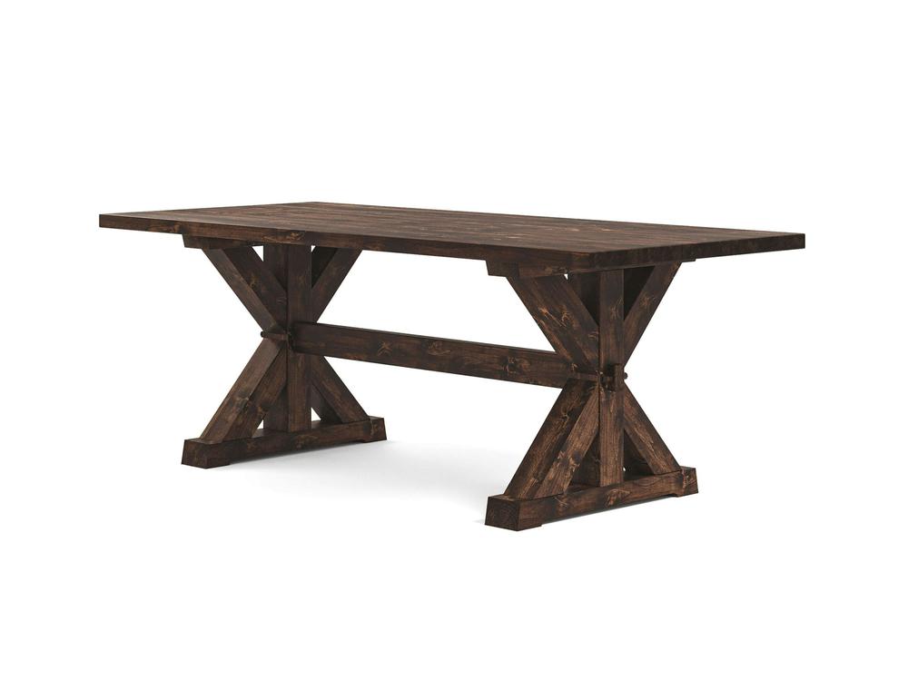 The James+James Trestle Dining Table - Tobacco is a rectangular wooden table with a dark finish and a rustic design. It features a sturdy X-shaped trestle base with a horizontal support beam connecting the two sides, while the tabletop surface is smooth and showcases the natural wood grain.