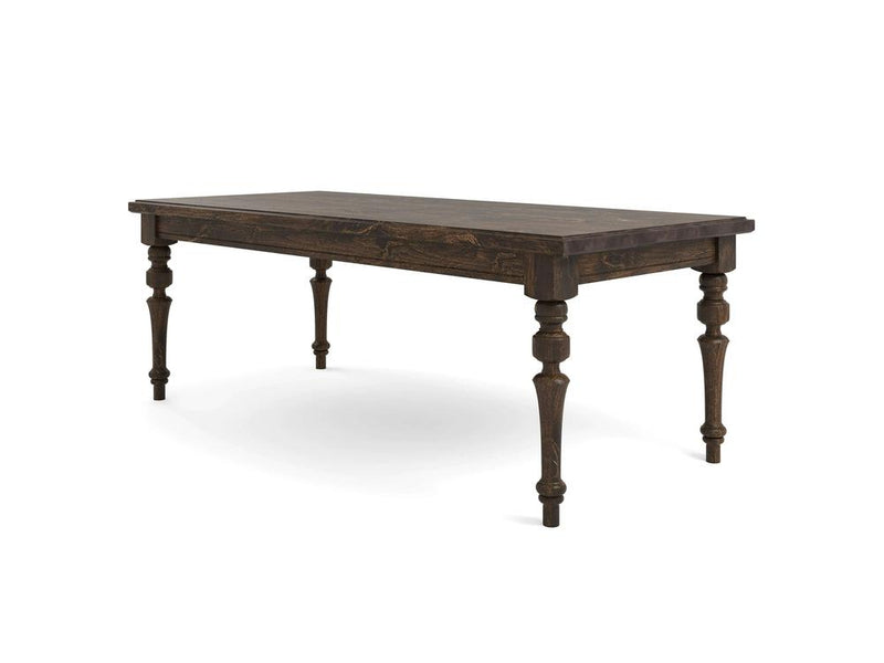 The Allyson Dining Table - Tobacco by James+James features a dark wooden rectangular surface with intricate carvings on its four legs. Its polished finish and classic, vintage design make it an elegant addition for dining or as an accent piece. The table is showcased against a plain white background.