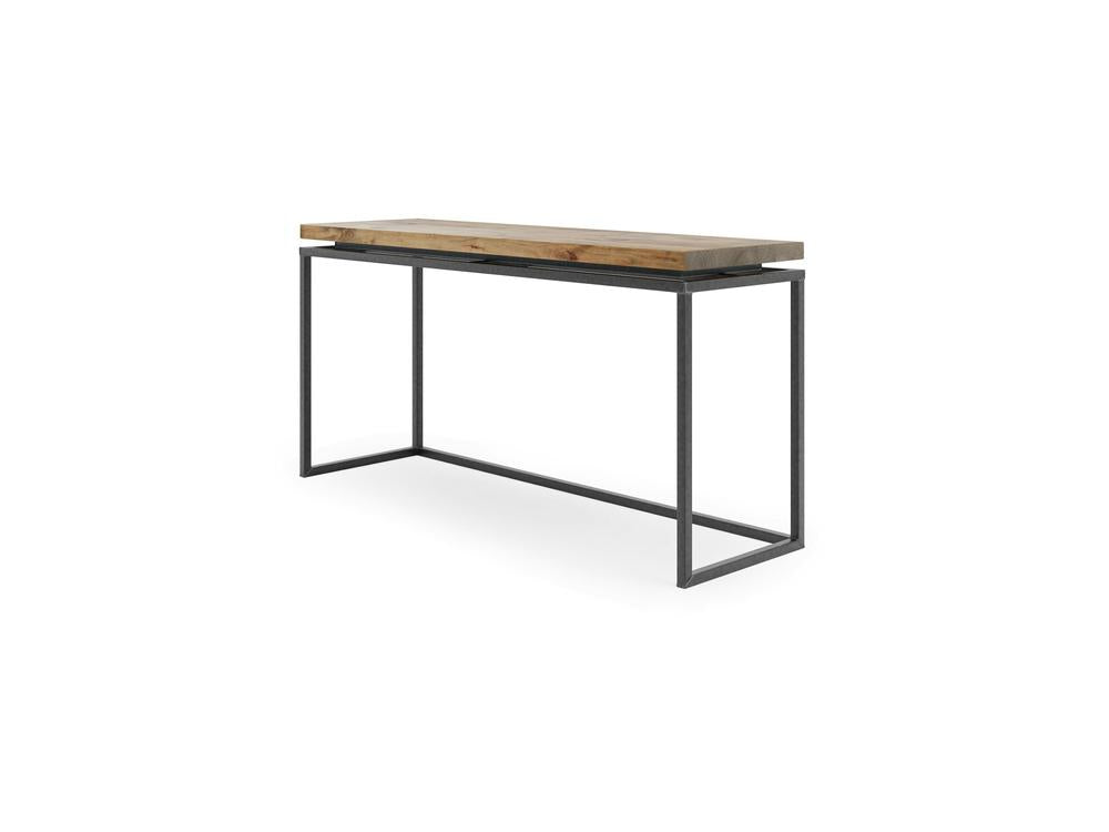 Introducing the Floating Top Sofa Table - Harvest Wheat by James+James. This modern console table features a thick wooden top with a natural wood finish and a minimalist black metal frame. The rectangular tabletop is expertly crafted, while the metal frame, composed of thin legs and supports, lends the table a sleek and contemporary design.