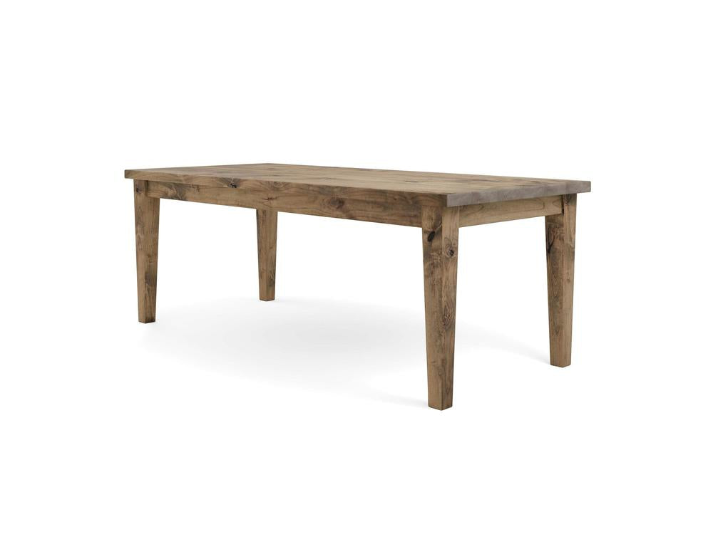 Introducing the Ava Parsons Dining Table - Harvest Wheat by James+James, a straightforward rectangular wooden table that exudes a rustic charm. The table features a smooth flat top surface and four robust, subtly tapered legs. The visible wood grain enhances its natural and earthy appeal, making it a perfect addition to any dining space.