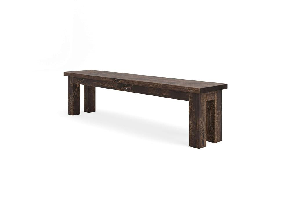 The James+James Farmhouse Bench - Tobacco on Alder is a long, rectangular bench with a dark brown finish and sturdy, simple legs, shown against a plain white background.