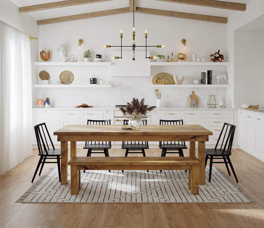 Pictured at 7' L x 37" W in Harvest Wheat Finish. Pictured with <a href="products/farmhouse-bench">Farmhouse Bench</a> in Harvest Wheat Finish, <a href="/products/modern-oak-windsor-dining-chair">Modern Oak Windsor Chairs</a>, and <a href="/products/satellite-area-rug">Satellite Area Rug</a>.