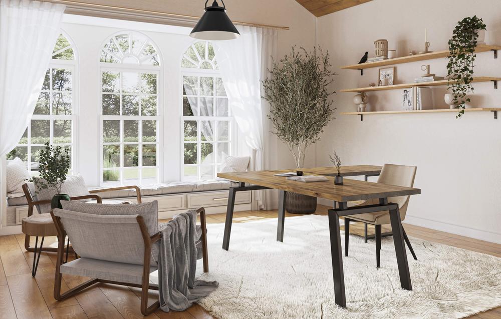 Pictured in Harvest Wheat Finish. Pictured with <a href="/products/hudson-dining-chair">Hudson Midcentury Chair</a>, <a href="/products/brydon">Brydon Pendant Light</a>, and <a href="/products/marlowe-shag-area-rug">Marlowe Shag Area Rug</a>.