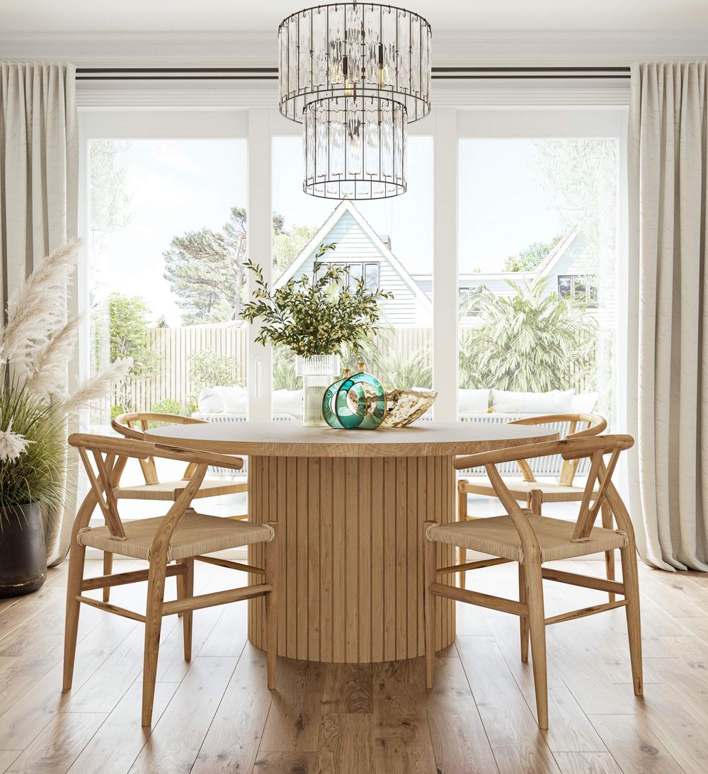Pictured at 60" in Satin, No Stain with our <a href="/products/arthur-round-pedestal-dining-table">Arthur Round White Oak Table</a>. Also pictured our <a href="/products/bridget-modern-wishbone-chair">Bridget Modern Wishbone Chairs</a> and Tiered Round Glass Light