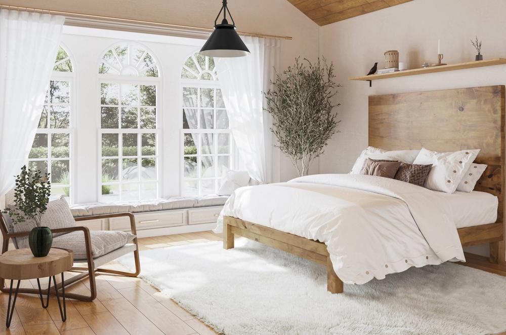 Pictured at Extra Tall Height Headboard with Foot Rail in Harvest Wheat Finish. Pictured with the <a href="/products/marlowe-shag-area-rug">Marlowe Rug</a> under the <a href="/products/brydon">Brydon Pendant Light</a>.