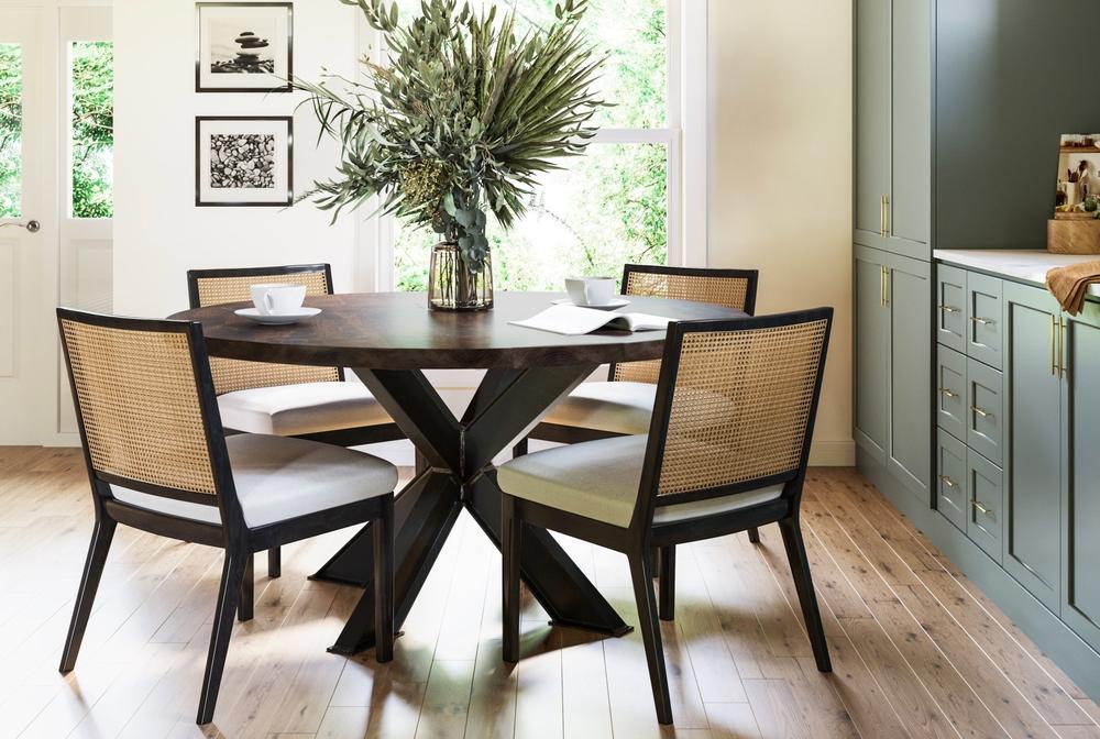 60" Round Shiloh Industrial Steel Table in Tobacco Finish with the Mia Dining Chair